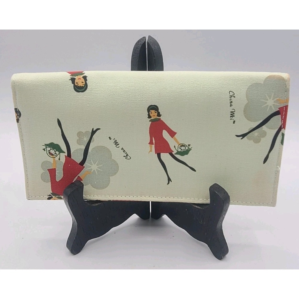 Vintage China Wei Fabric Checkbook Cover MCM Woman w/ Dog In Purse Print